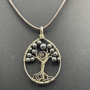 Tree Of Life Pendant Sterling Silver Wire Wrapped Hematite Beaded Cord Necklace